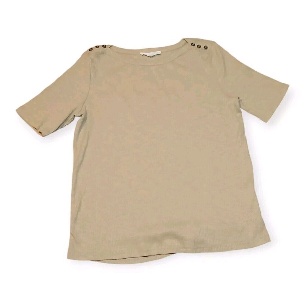Jane + Delancey Women's Beige Ribbed Knit Top Short Sleeve Button Front Size M